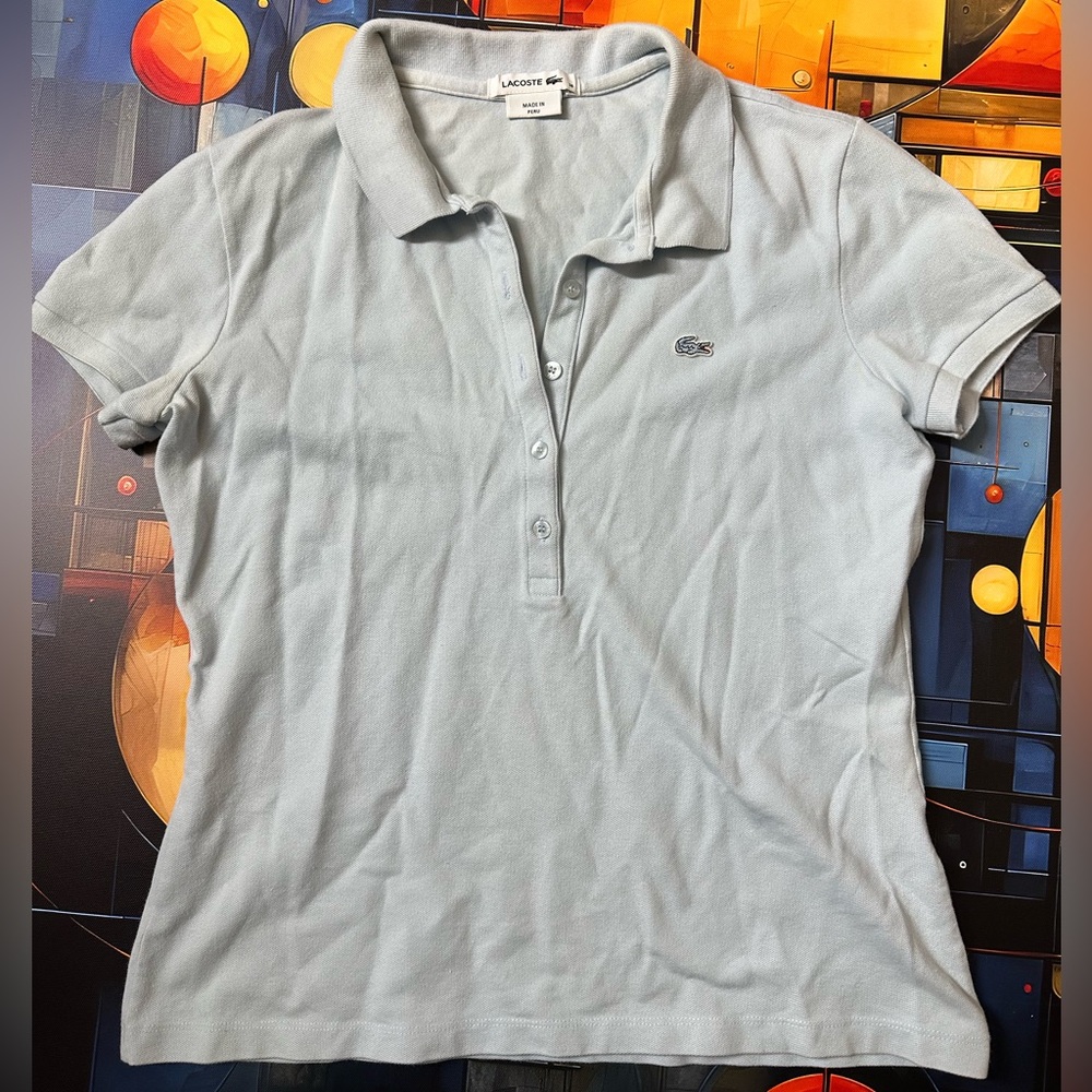 LACOSTE Women's Pique Polo Shirt Size 38 US 6 Light Blue 5-Button Made in Peru
